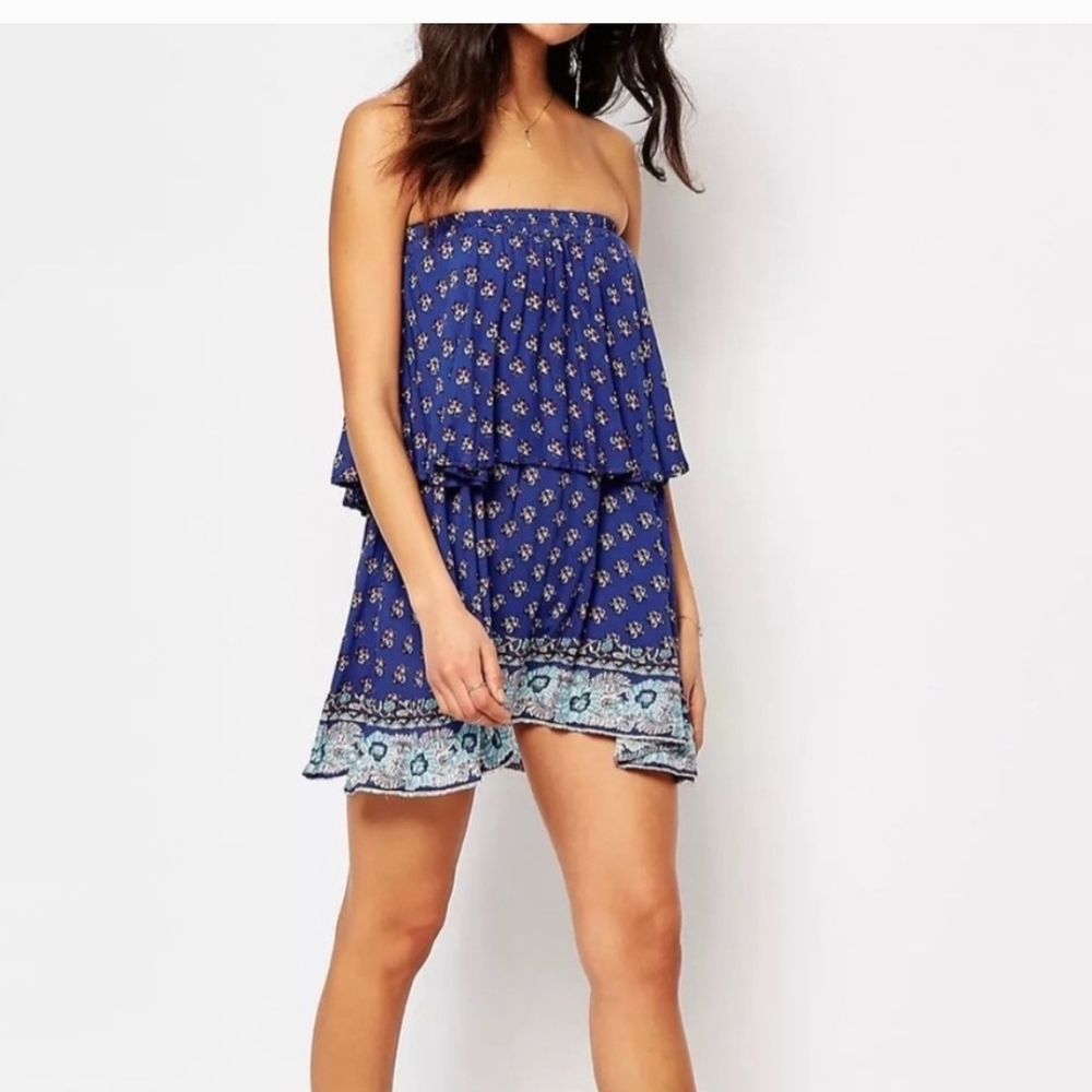 Faithfull the Brand Romy Dress Blue and Red Floral Strapless